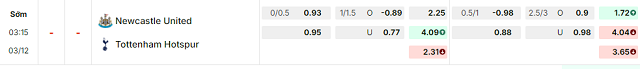 Bảng kèo mới nhất trận Newcastle vs Tottenham